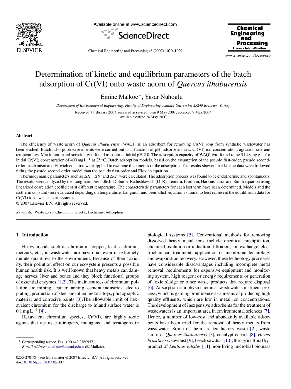 Determination of kinetic and equilibrium parameters of the batch adsorption of Cr(VI) onto waste acorn of Quercus ithaburensis