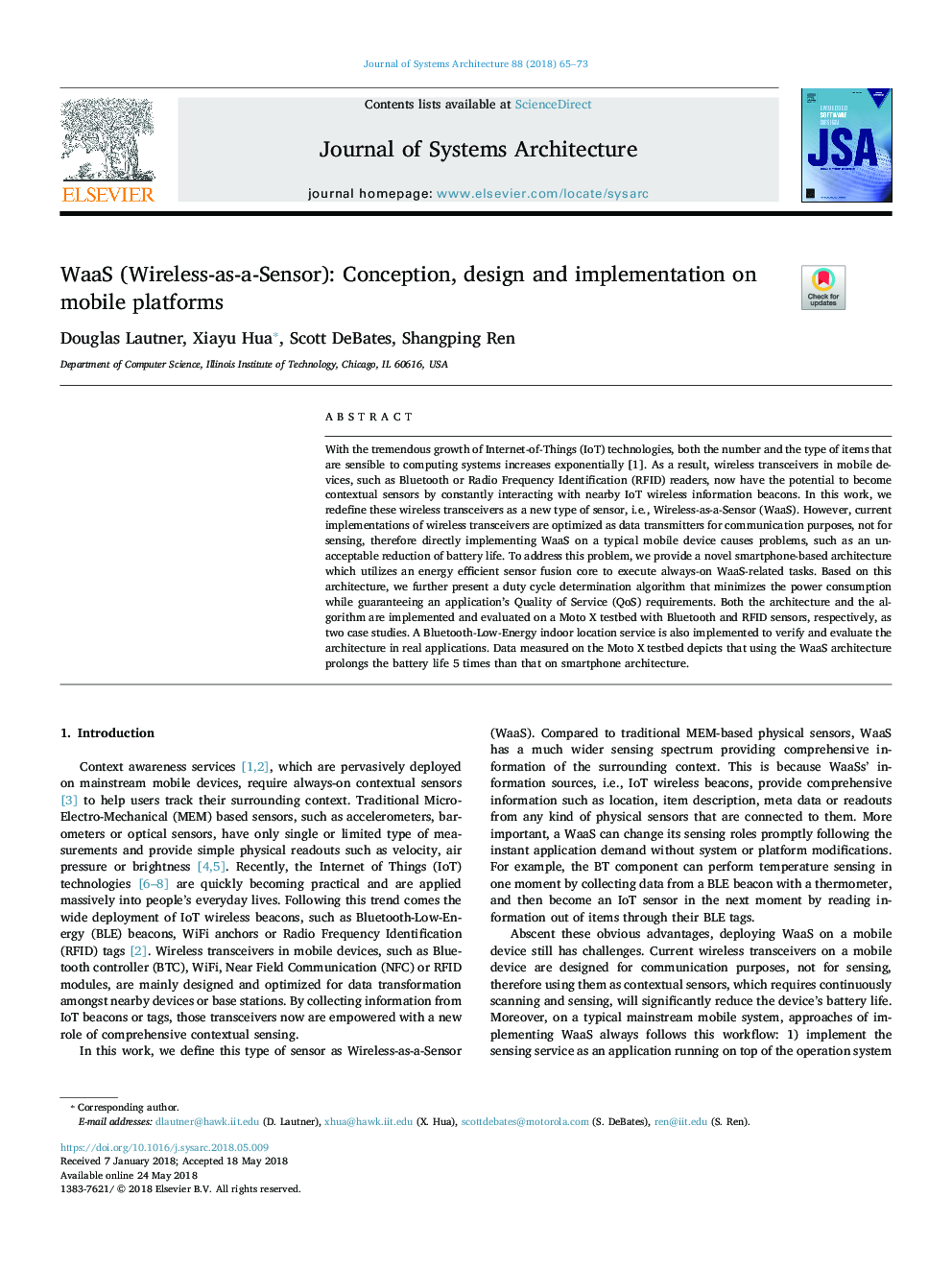 عکس صفحه اول مقاله: WaaS (Wireless-as-a-Sensor): Conception, design and implementation on mobile platforms WaaS (Wireless-as-a-Sensor): Conception, design and implementation on mobile platforms