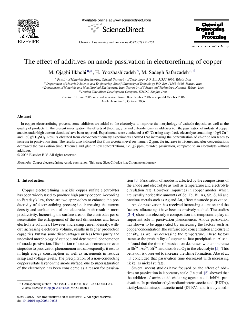 The effect of additives on anode passivation in electrorefining of copper