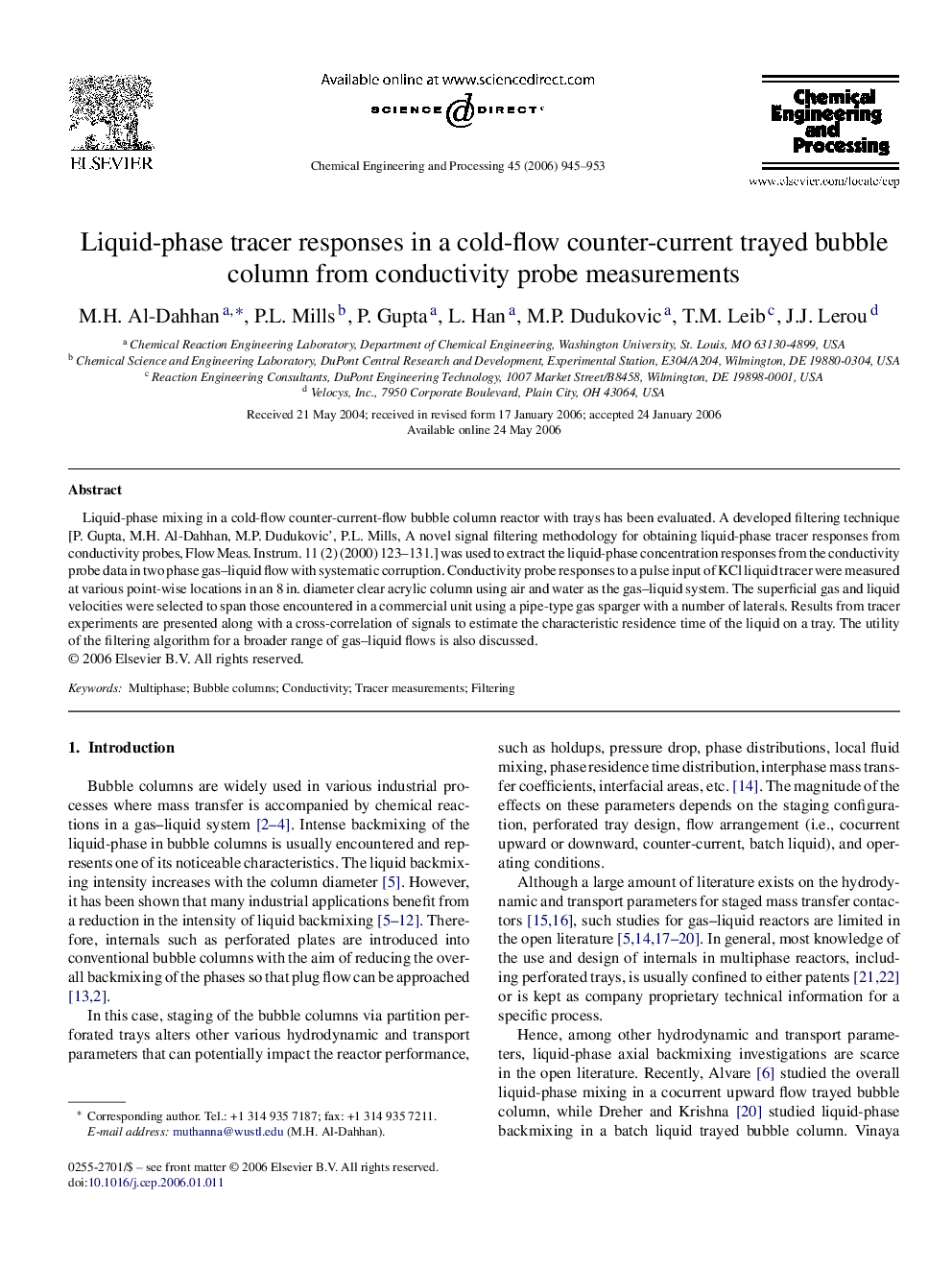 Liquid-phase tracer responses in a cold-flow counter-current trayed bubble column from conductivity probe measurements