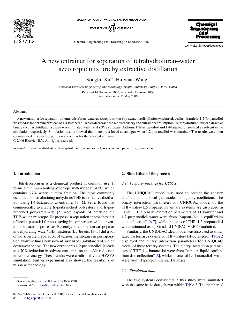 عکس صفحه اول مقاله: A new entrainer for separation of tetrahydrofuran–water azeotropic mixture by extractive distillation A new entrainer for separation of tetrahydrofuran–water azeotropic mixture by extractive distillation