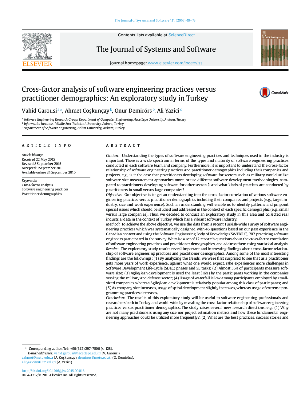 Cross-factor analysis of software engineering practices versus practitioner demographics: An exploratory study in Turkey