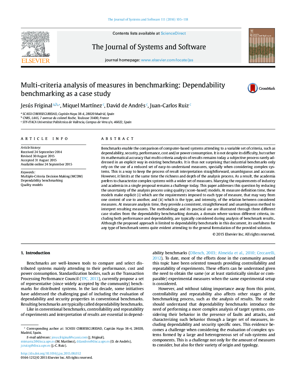 Multi-criteria analysis of measures in benchmarking: Dependability benchmarking as a case study