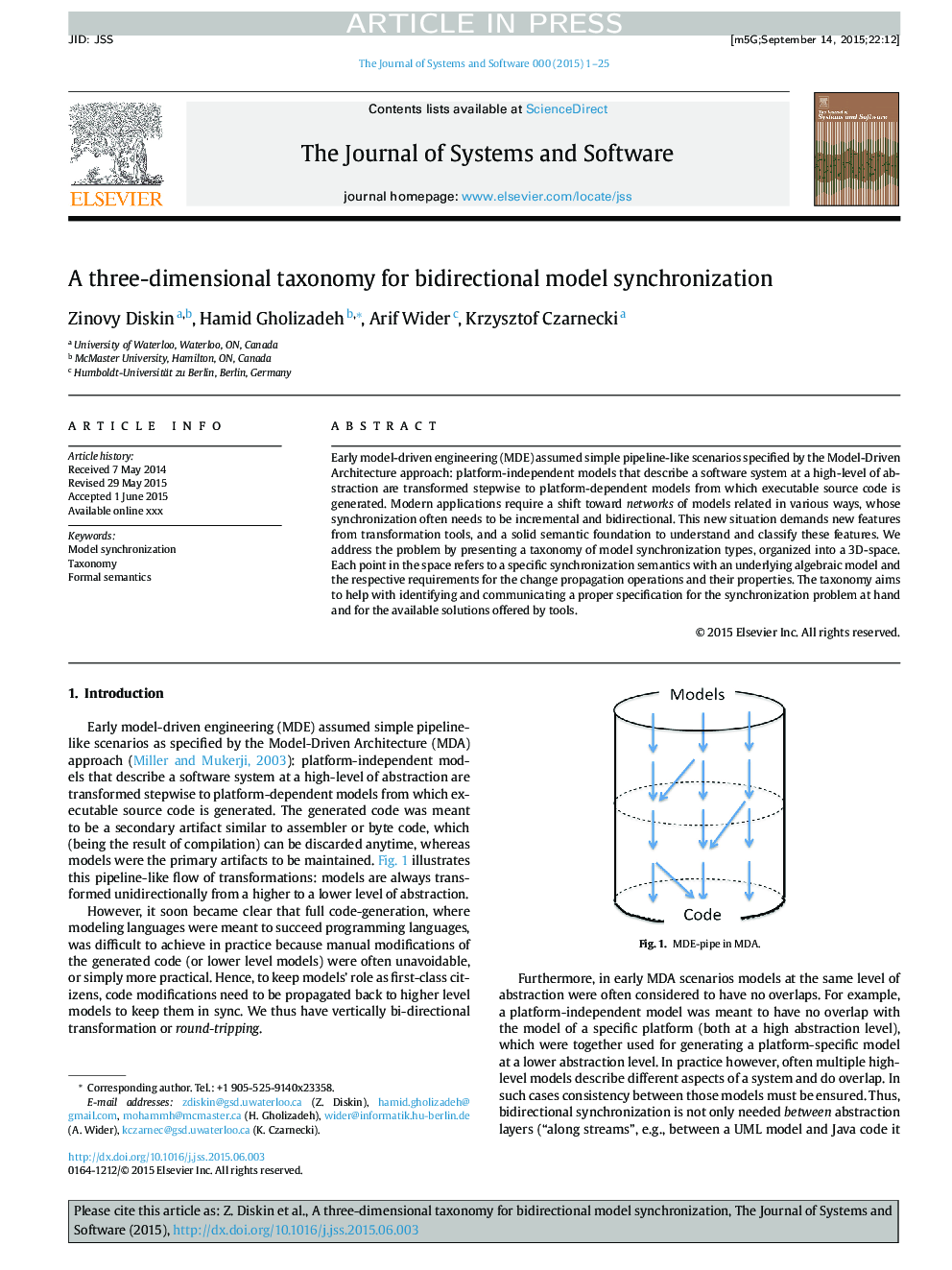 A three-dimensional taxonomy for bidirectional model synchronization