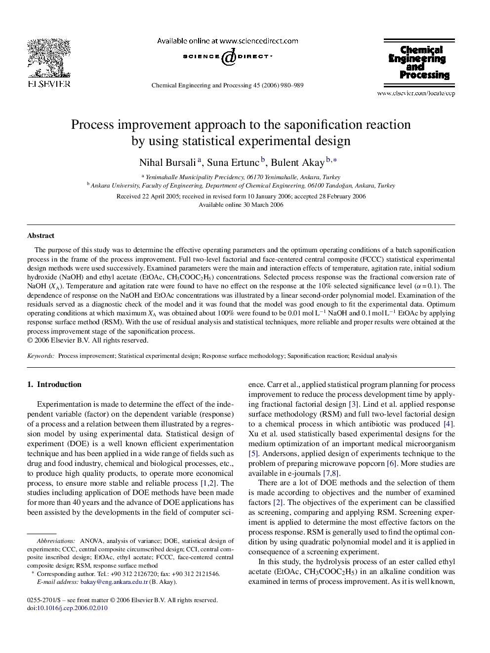 Process improvement approach to the saponification reaction by using statistical experimental design