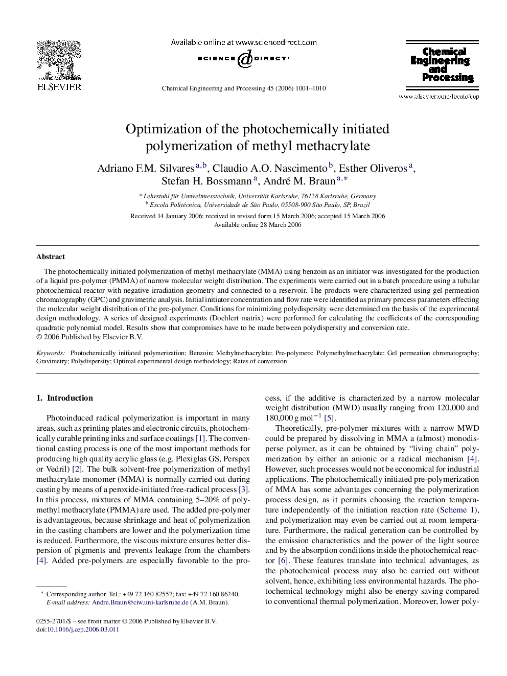 Optimization of the photochemically initiated polymerization of methyl methacrylate