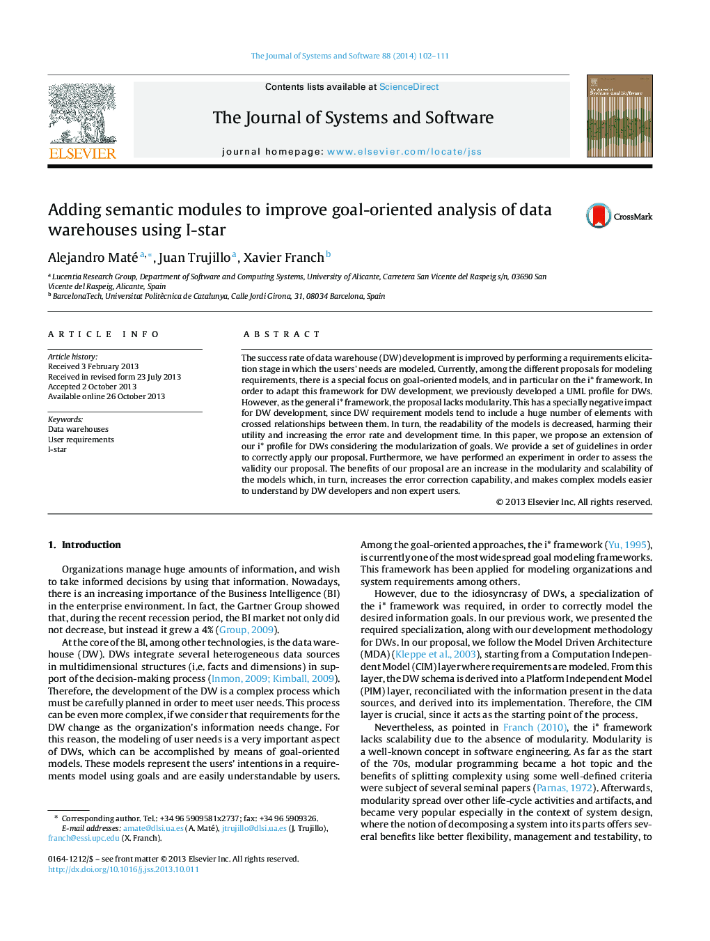 Adding semantic modules to improve goal-oriented analysis of data warehouses using I-star