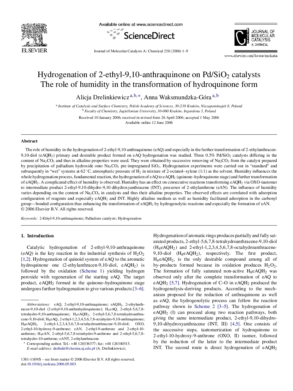 Hydrogenation of 2-ethyl-9,10-anthraquinone on Pd/SiO2 catalysts: The role of humidity in the transformation of hydroquinone form