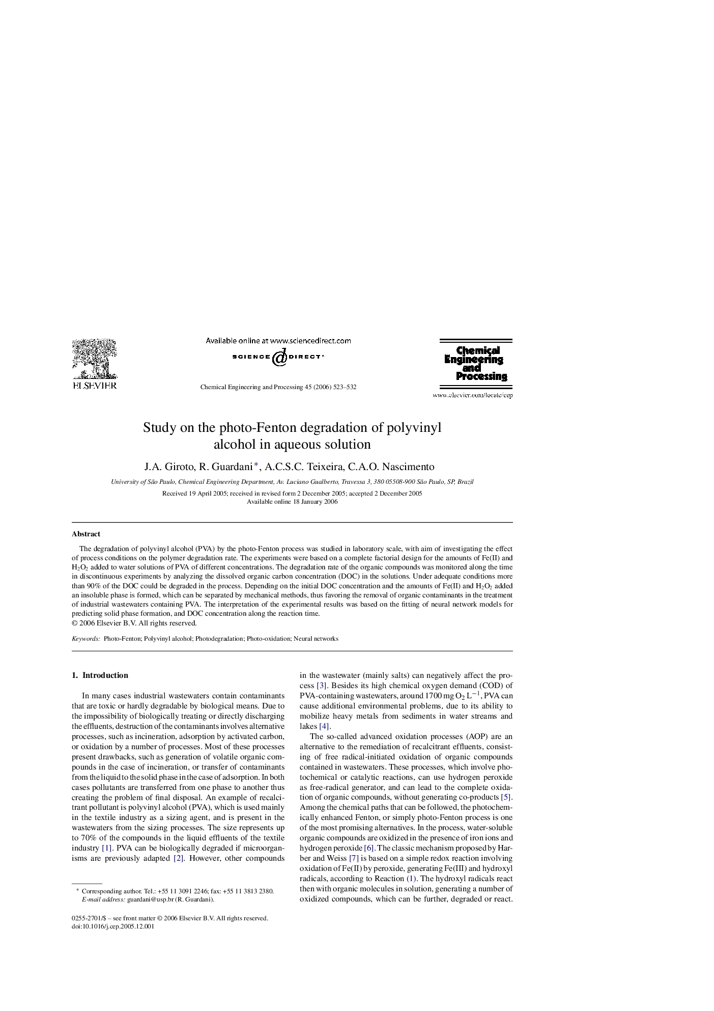 Study on the photo-Fenton degradation of polyvinyl alcohol in aqueous solution