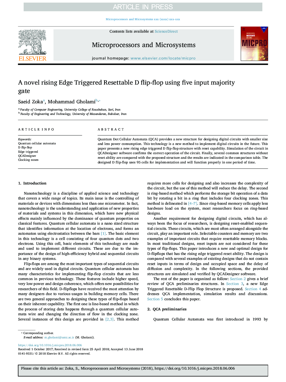 A novel rising Edge Triggered Resettable D flip-flop using five input majority gate