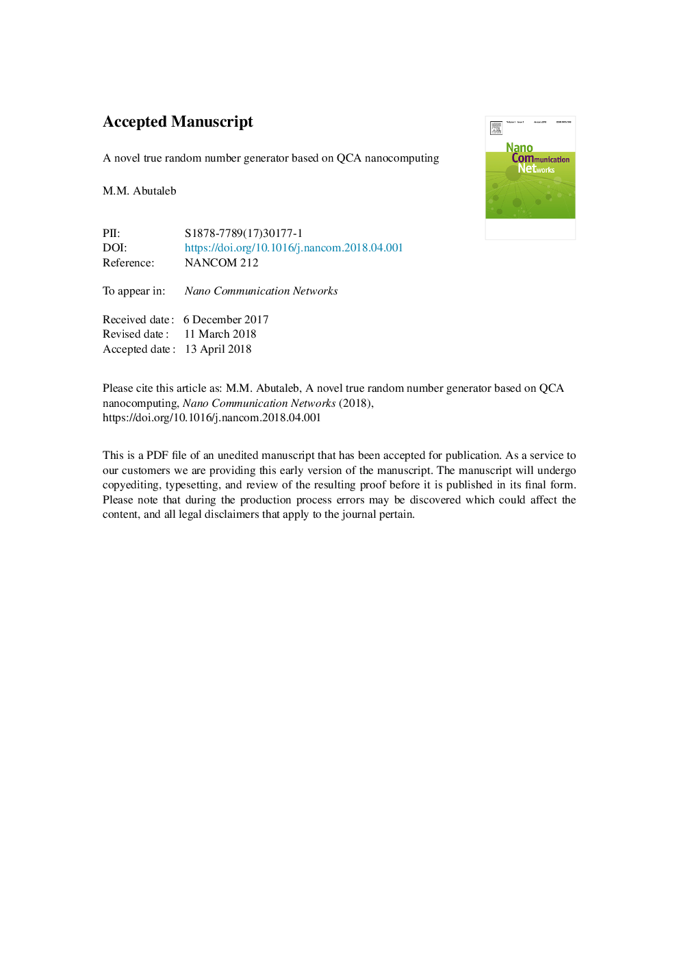 عکس صفحه اول مقاله: A novel true random number generator based on QCA nanocomputing A novel true random number generator based on QCA nanocomputing