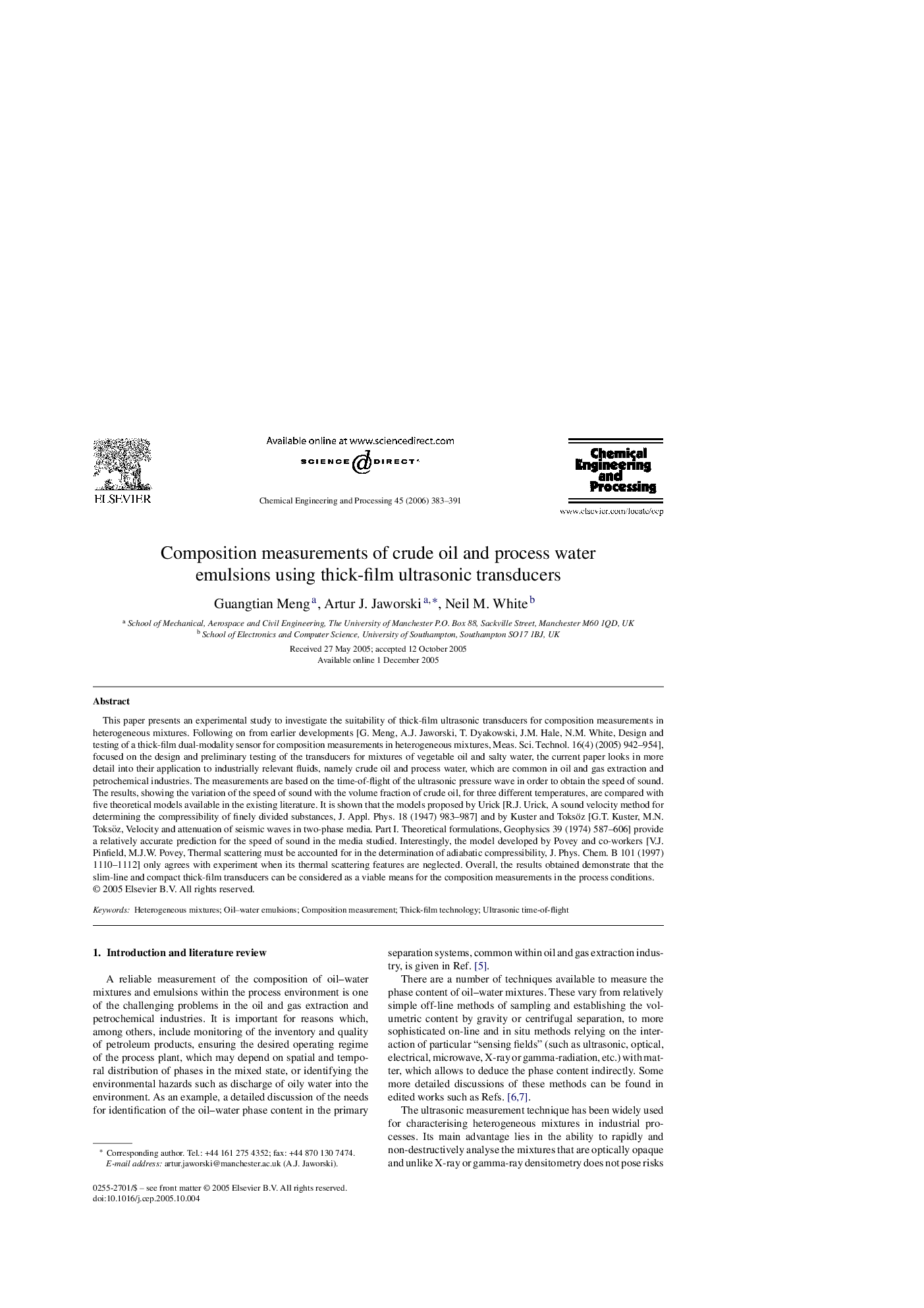 Composition measurements of crude oil and process water emulsions using thick-film ultrasonic transducers