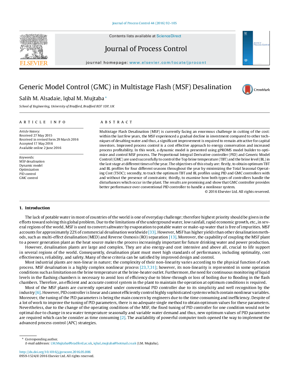 Generic Model Control (GMC) in Multistage Flash (MSF) Desalination