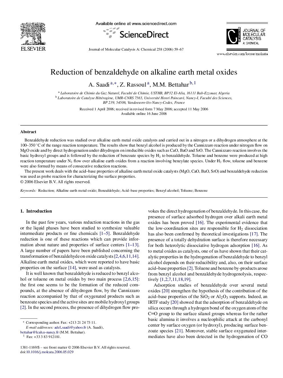 Reduction of benzaldehyde on alkaline earth metal oxides