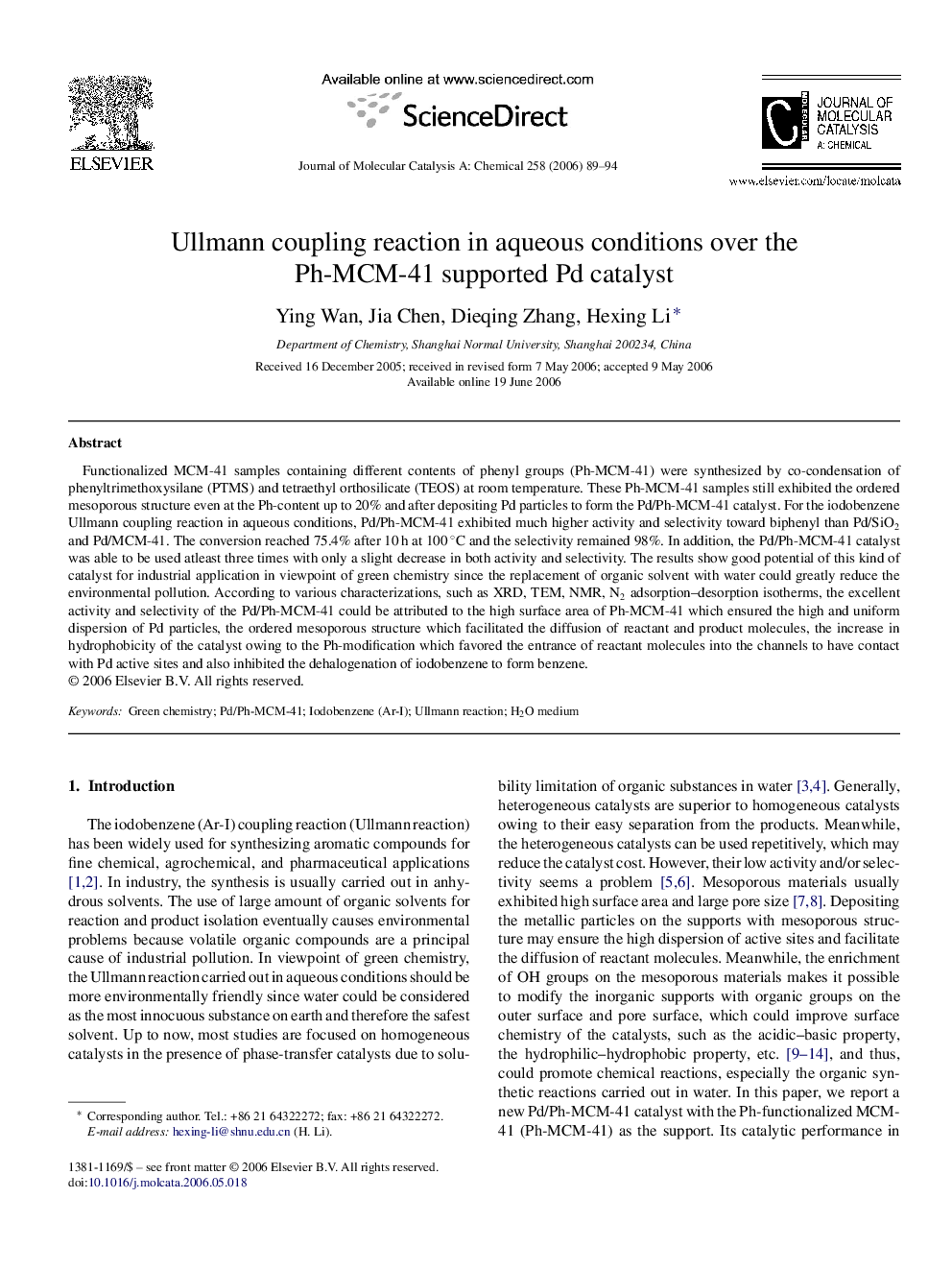 Ullmann coupling reaction in aqueous conditions over the Ph-MCM-41 supported Pd catalyst