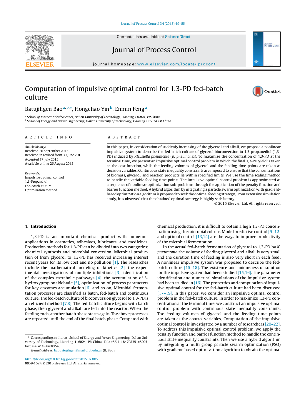 عکس صفحه اول مقاله: Computation of impulsive optimal control for 1,3-PD fed-batch culture Computation of impulsive optimal control for 1,3-PD fed-batch culture