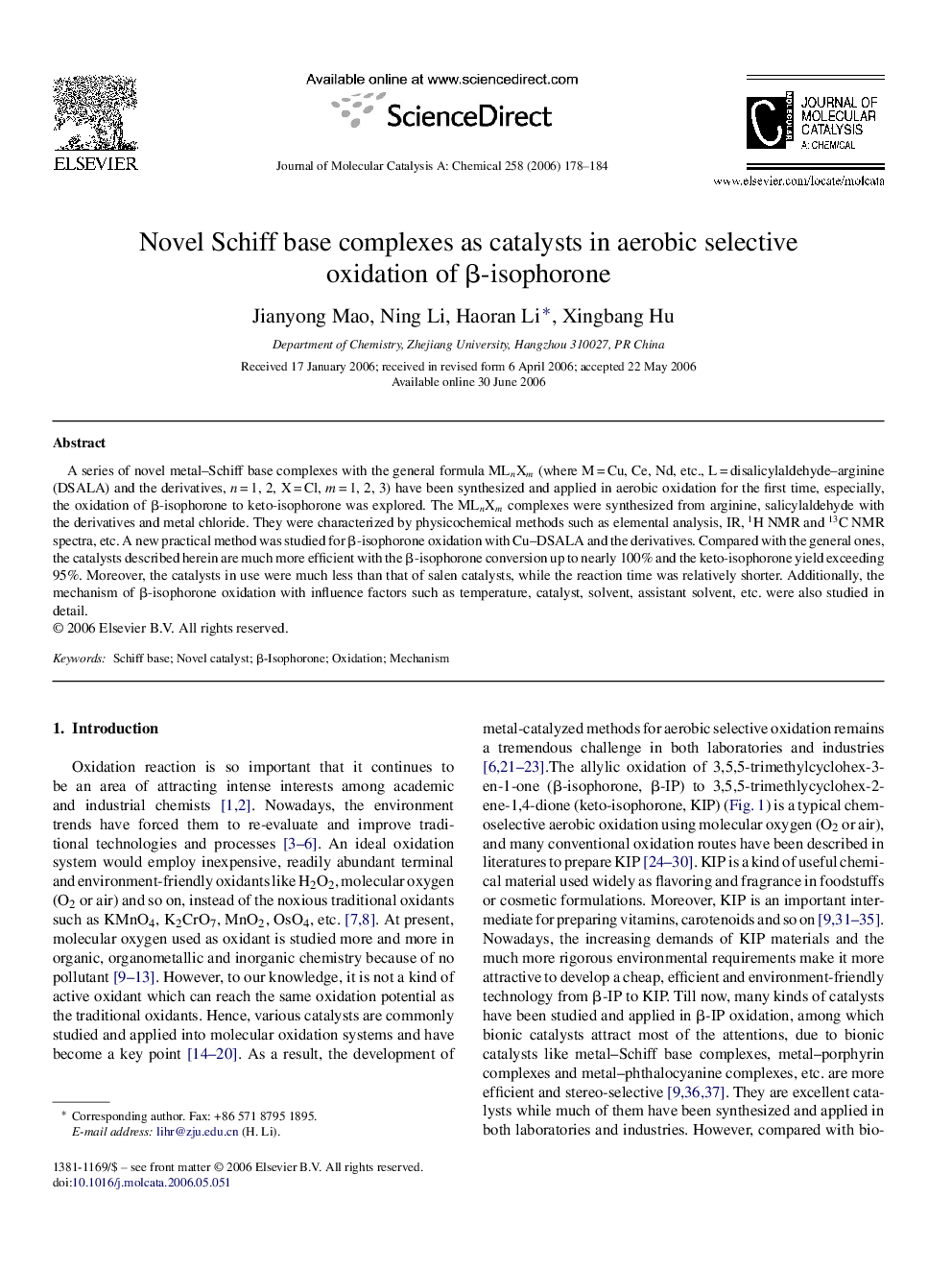 عکس صفحه اول مقاله: Novel Schiff base complexes as catalysts in aerobic selective oxidation of β-isophorone Novel Schiff base complexes as catalysts in aerobic selective oxidation of β-isophorone