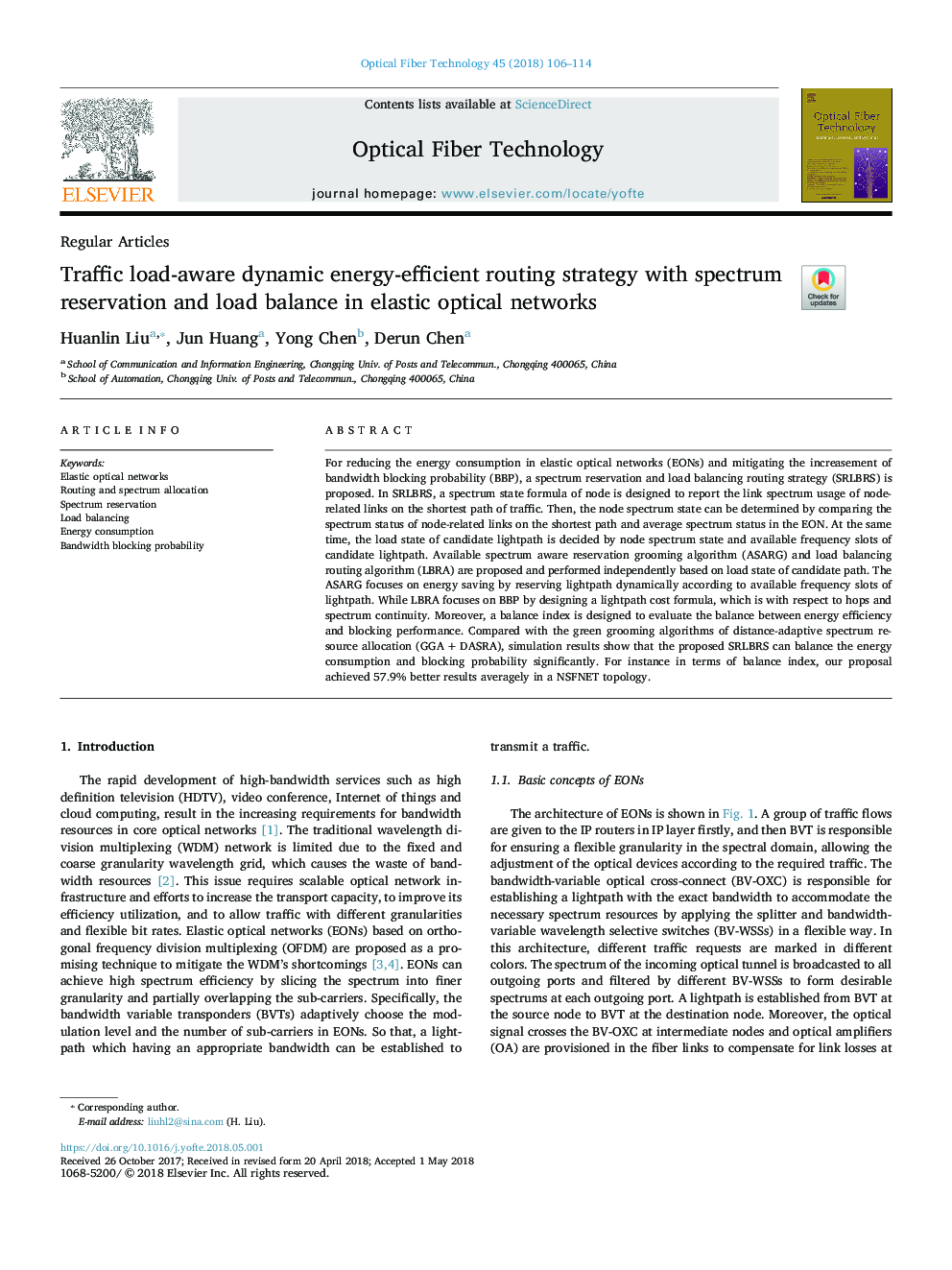 Traffic load-aware dynamic energy-efficient routing strategy with spectrum reservation and load balance in elastic optical networks