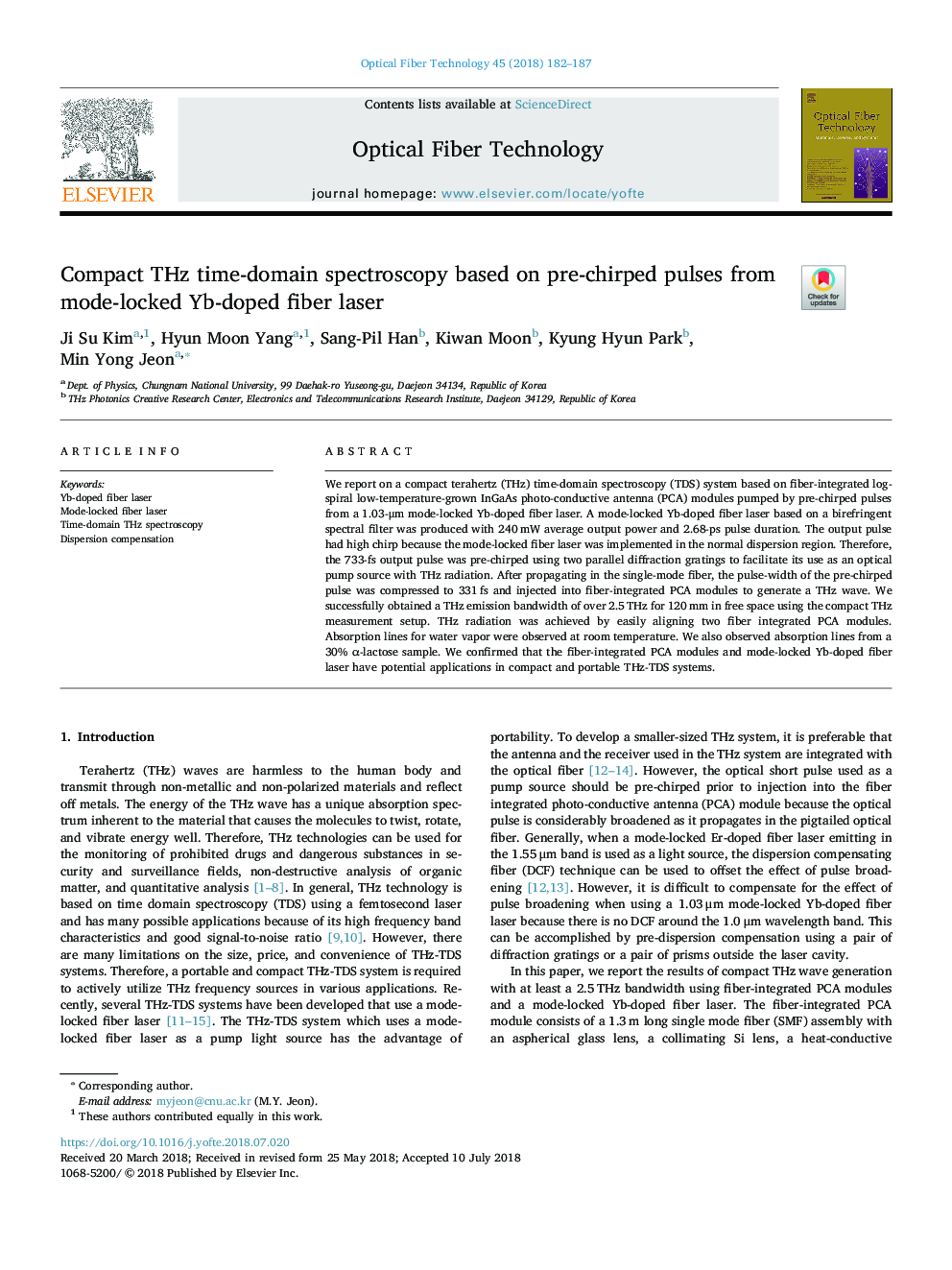 Compact THz time-domain spectroscopy based on pre-chirped pulses from mode-locked Yb-doped fiber laser