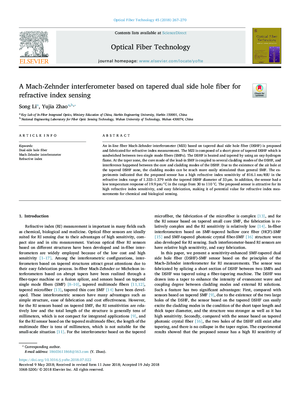 A Mach-Zehnder interferometer based on tapered dual side hole fiber for refractive index sensing