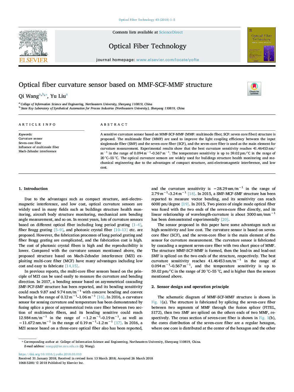 Optical fiber curvature sensor based on MMF-SCF-MMF structure