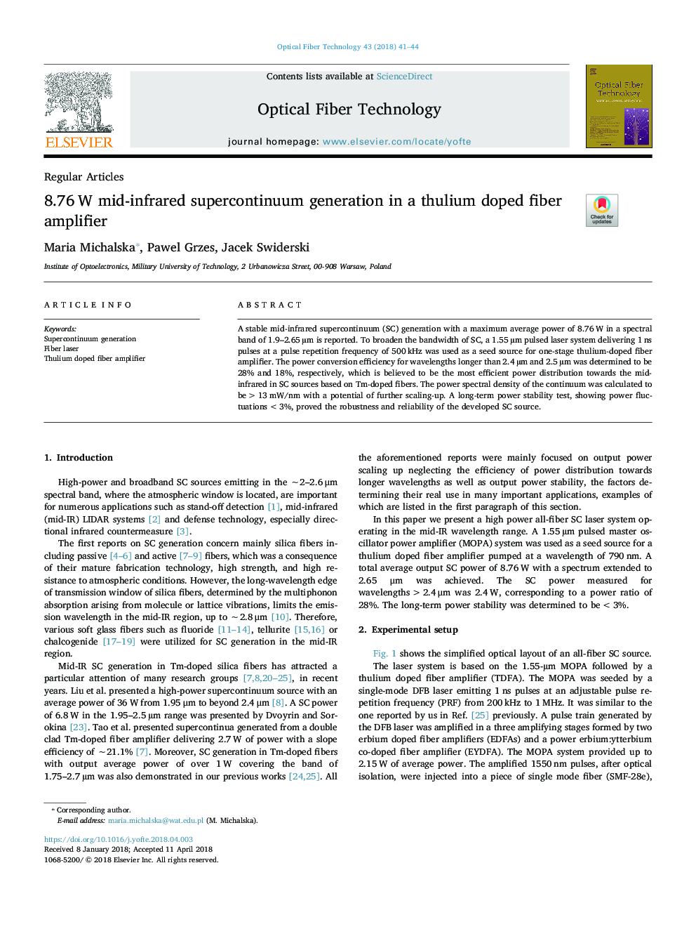 8.76â¯W mid-infrared supercontinuum generation in a thulium doped fiber amplifier