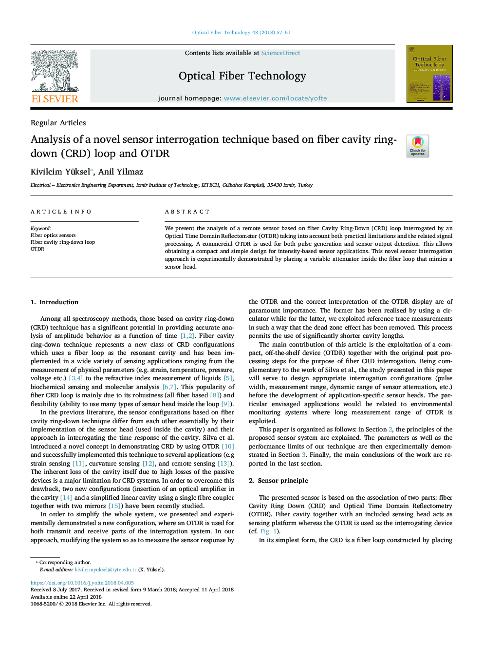 Analysis of a novel sensor interrogation technique based on fiber cavity ring-down (CRD) loop and OTDR