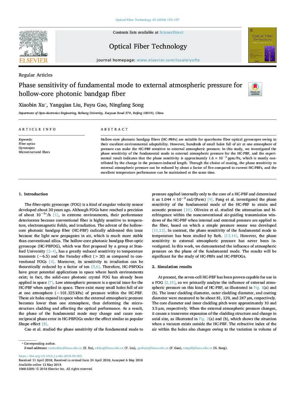 Phase sensitivity of fundamental mode to external atmospheric pressure for hollow-core photonic bandgap fiber