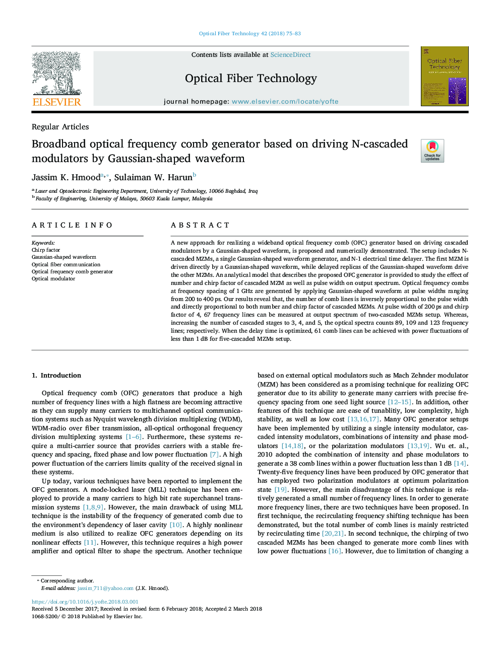 Broadband optical frequency comb generator based on driving N-cascaded modulators by Gaussian-shaped waveform