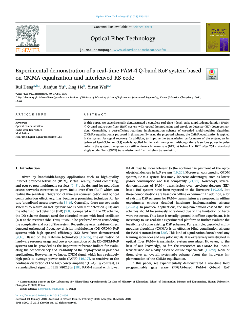 Experimental demonstration of a real-time PAM-4 Q-band RoF system based on CMMA equalization and interleaved RS code