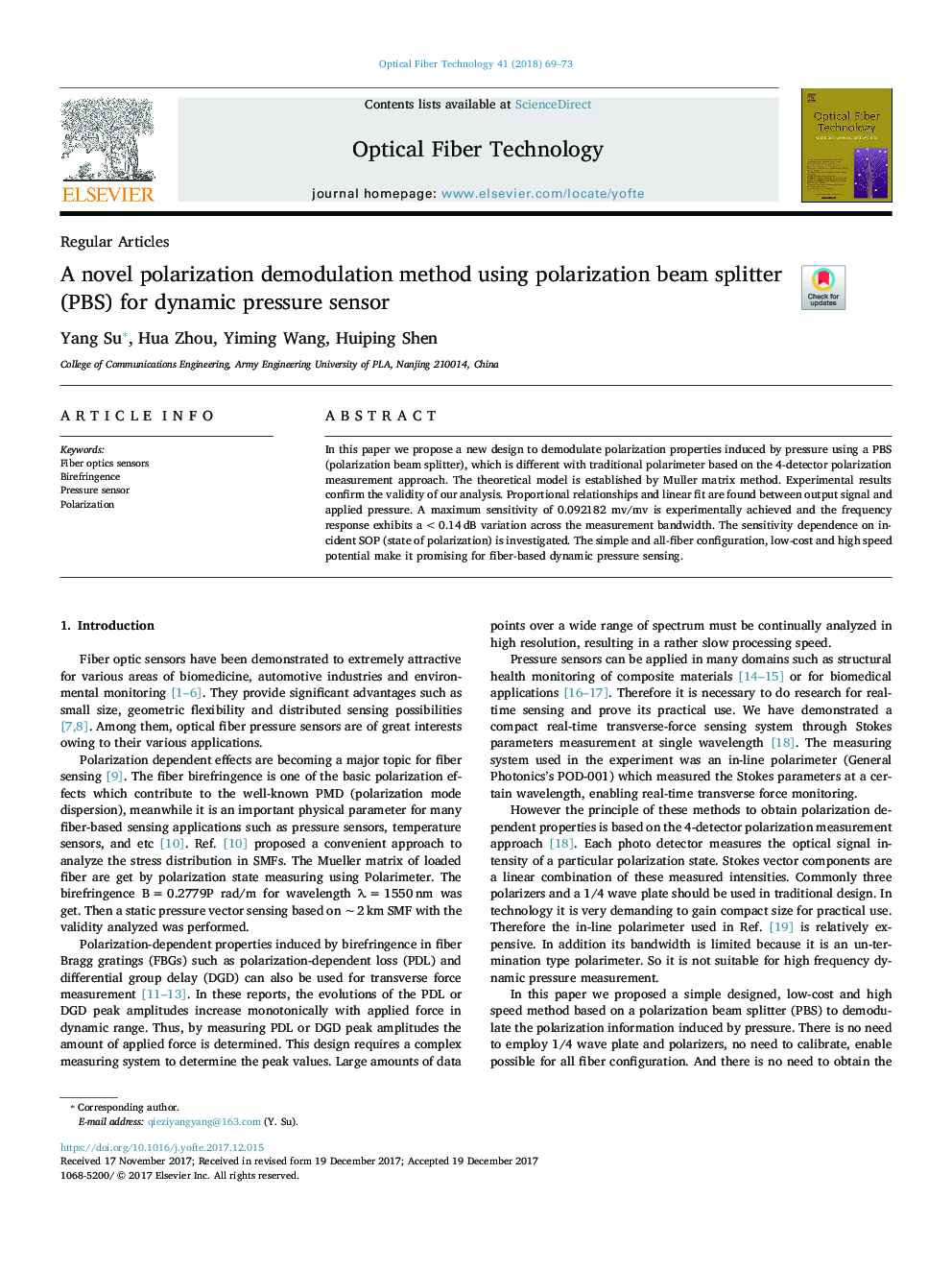 A novel polarization demodulation method using polarization beam splitter (PBS) for dynamic pressure sensor