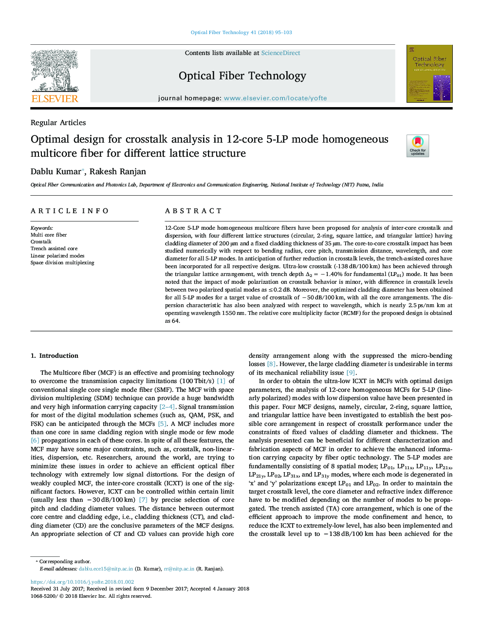 Optimal design for crosstalk analysis in 12-core 5-LP mode homogeneous multicore fiber for different lattice structure