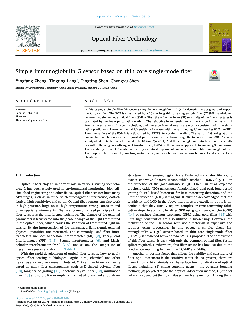 Simple immunoglobulin G sensor based on thin core single-mode fiber