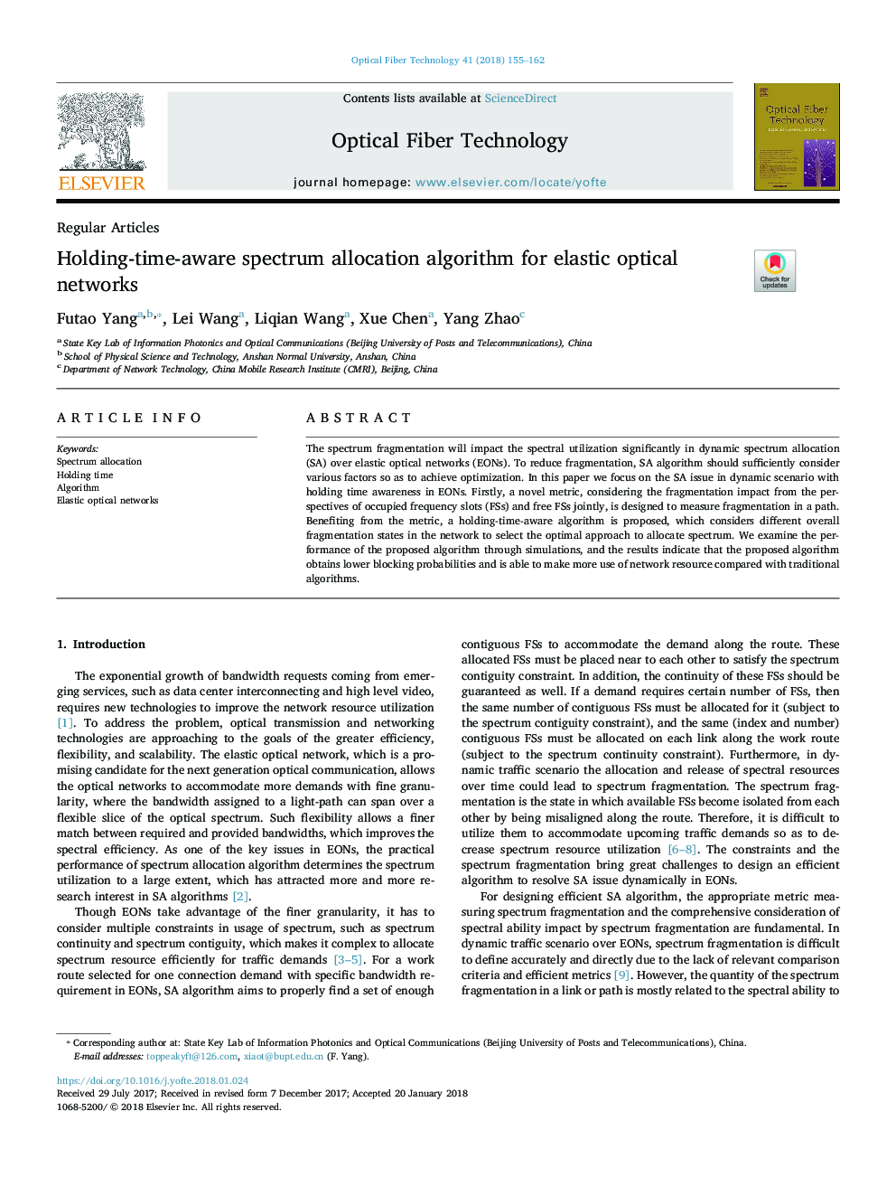 Holding-time-aware spectrum allocation algorithm for elastic optical networks