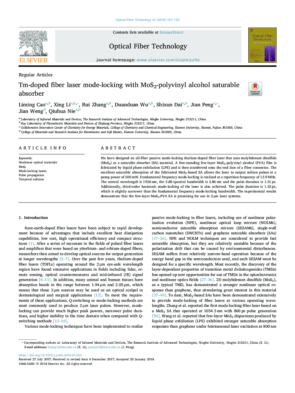 Tm-doped fiber laser mode-locking with MoS2-polyvinyl alcohol saturable absorber