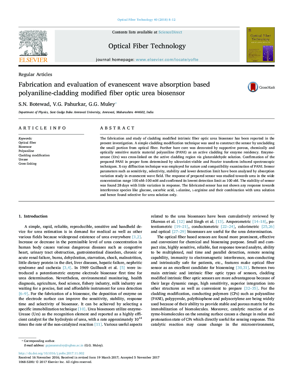 Fabrication and evaluation of evanescent wave absorption based polyaniline-cladding modified fiber optic urea biosensor