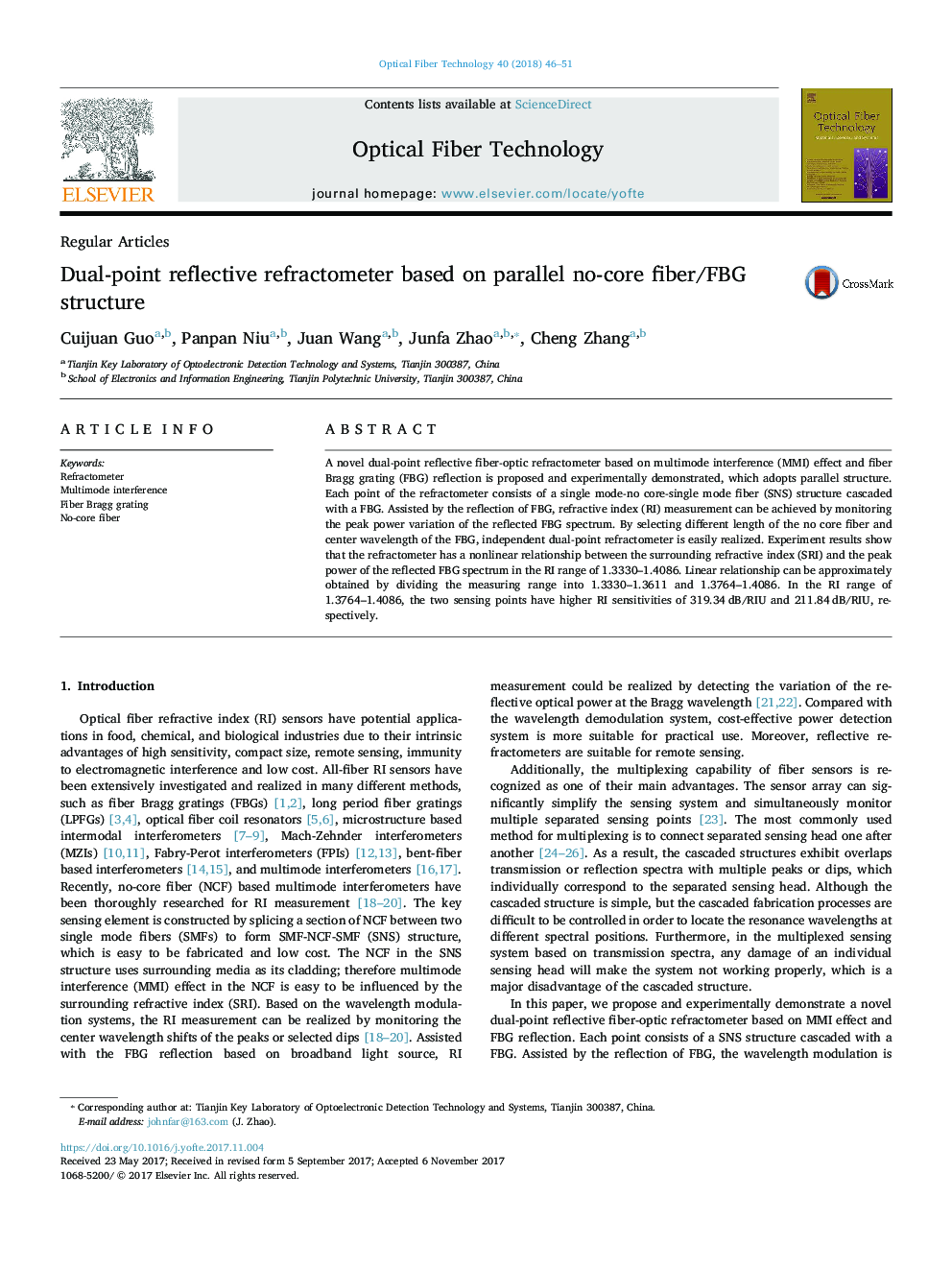 Dual-point reflective refractometer based on parallel no-core fiber/FBG structure