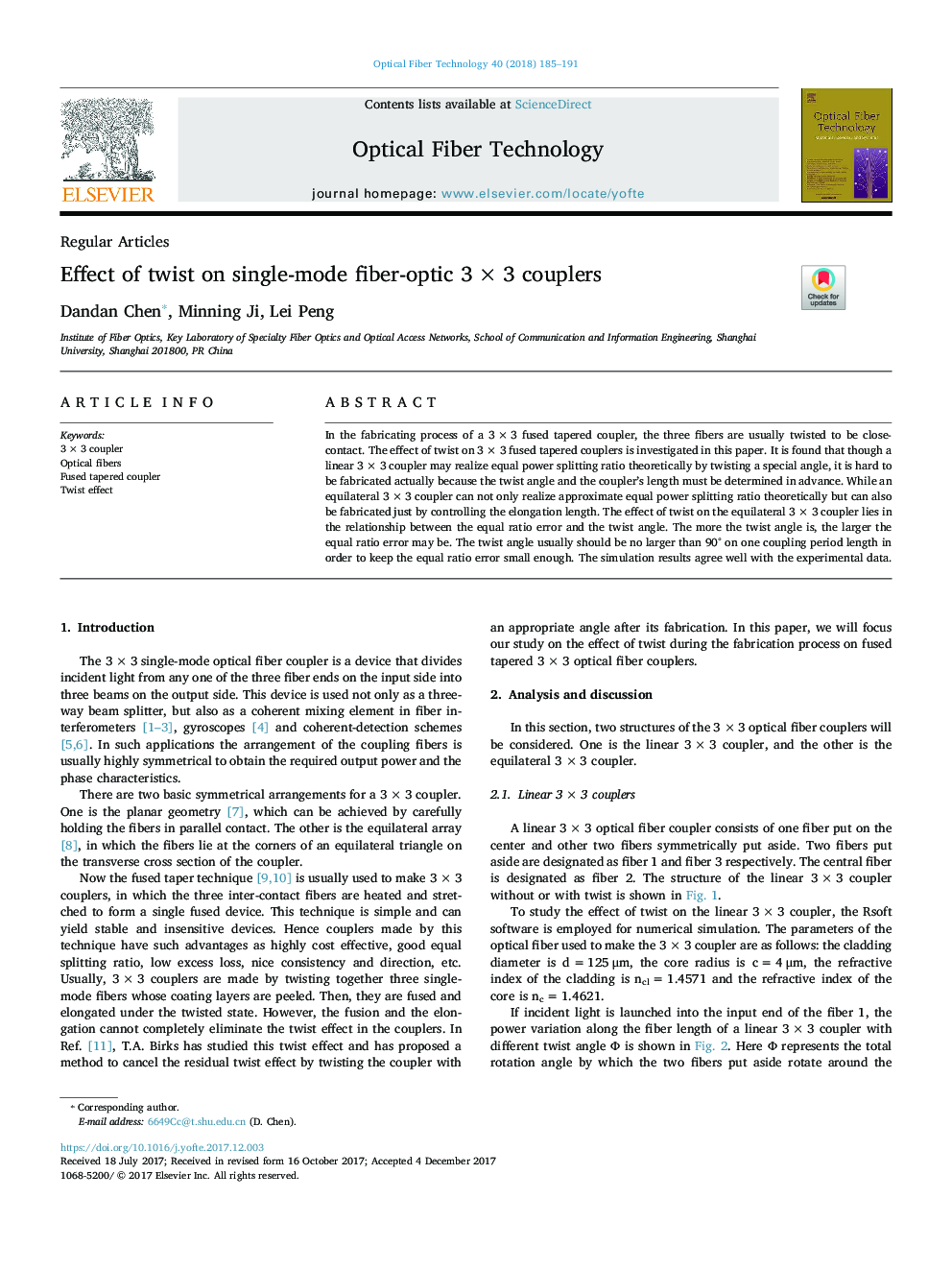 Effect of twist on single-mode fiber-optic 3â¯Ãâ¯3 couplers