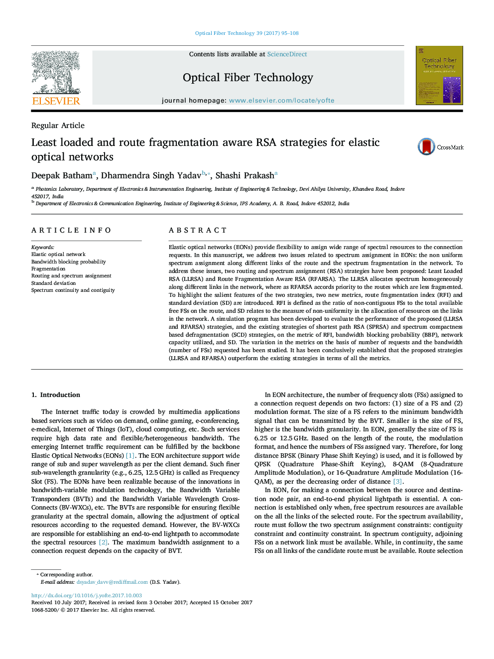 Least loaded and route fragmentation aware RSA strategies for elastic optical networks