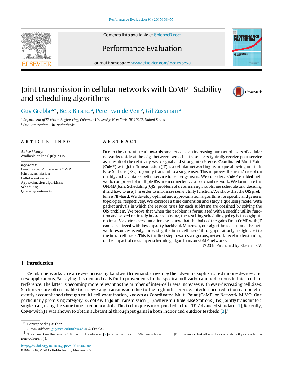 عکس صفحه اول مقاله: Joint transmission in cellular networks with CoMP-Stability and scheduling algorithms Joint transmission in cellular networks with CoMP-Stability and scheduling algorithms