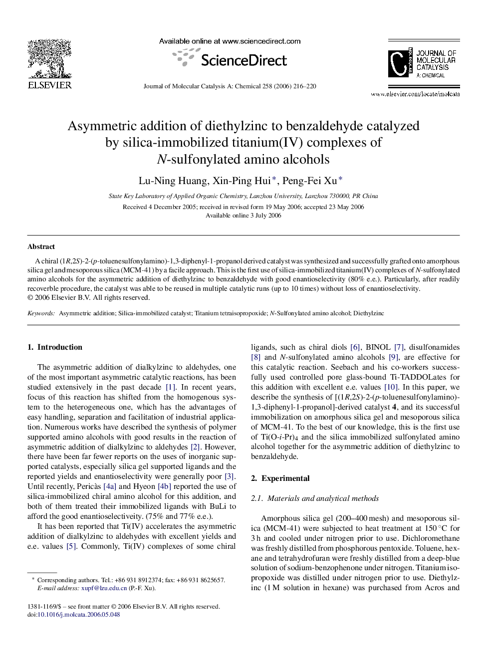 Asymmetric addition of diethylzinc to benzaldehyde catalyzed by silica-immobilized titanium(IV) complexes of N-sulfonylated amino alcohols