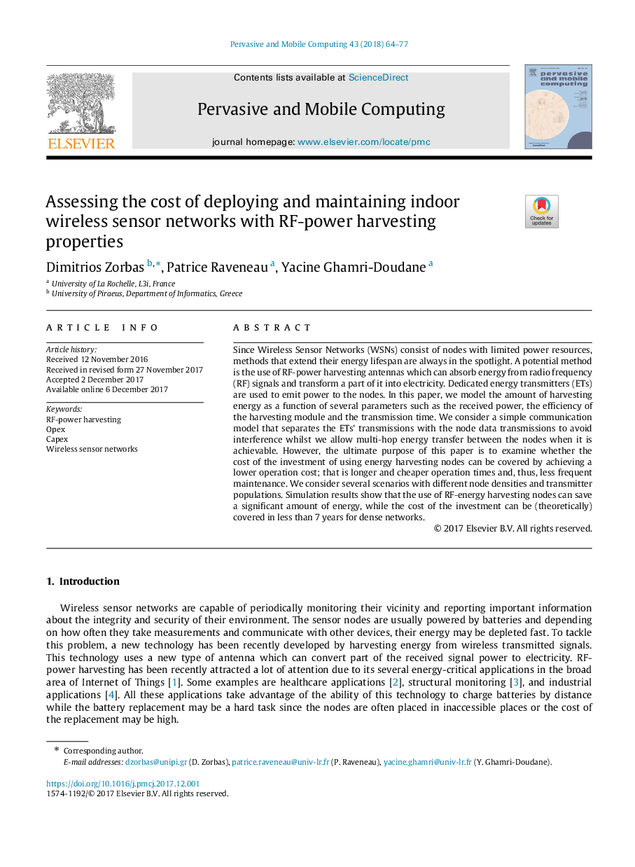 Assessing the cost of deploying and maintaining indoor wireless sensor networks with RF-power harvesting properties