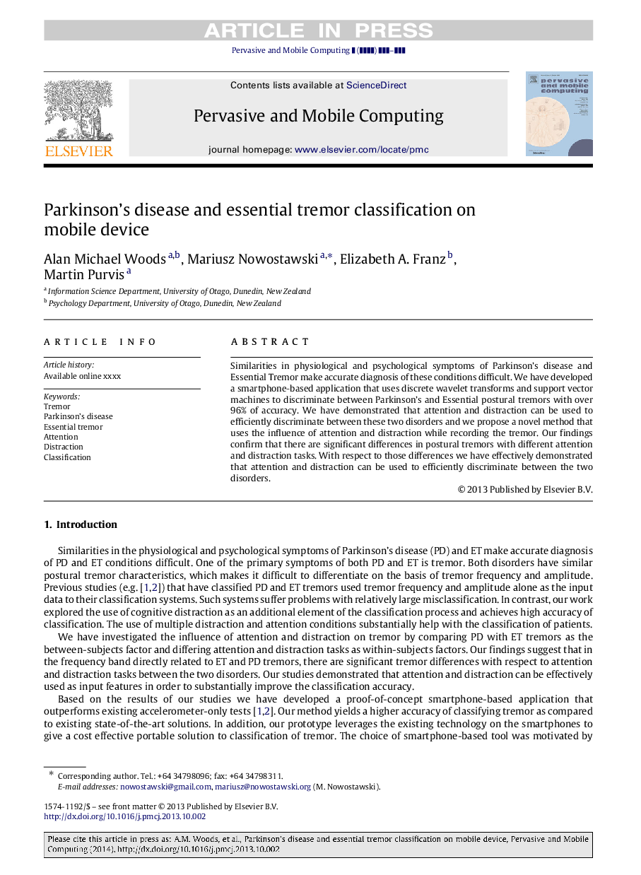 Parkinson's disease and essential tremor classification on mobile device