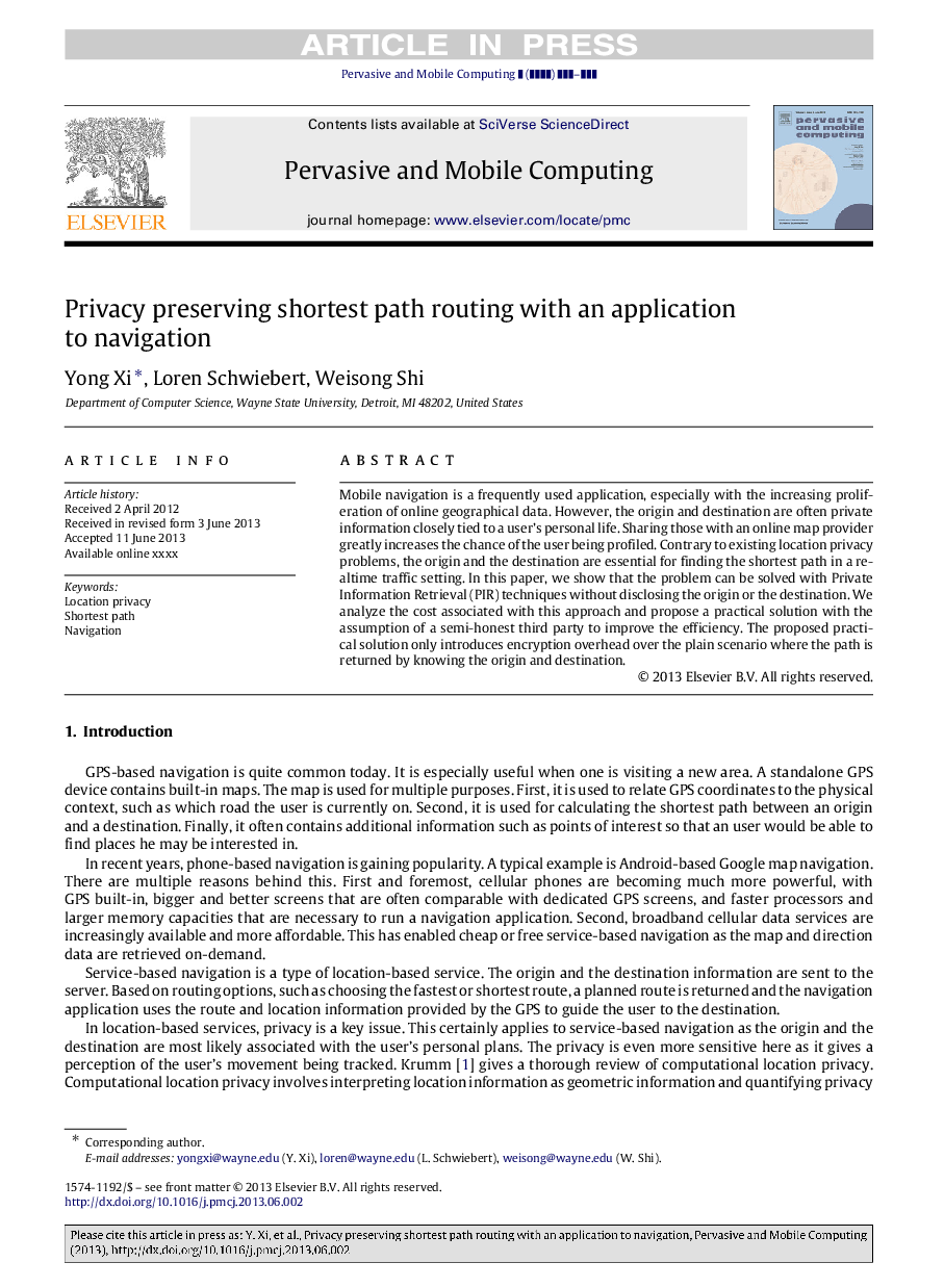 Privacy preserving shortest path routing with an application to navigation