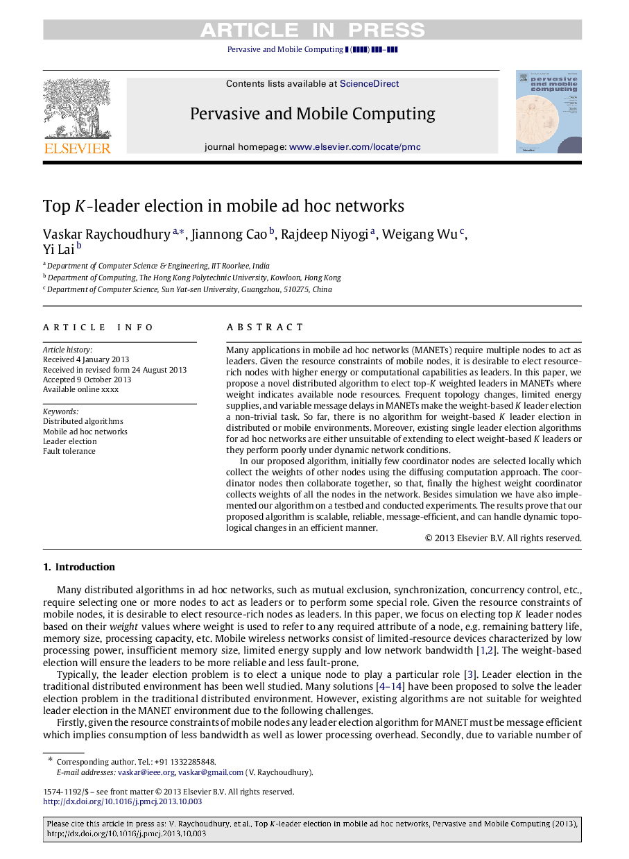 Top K-leader election in mobile ad hoc networks