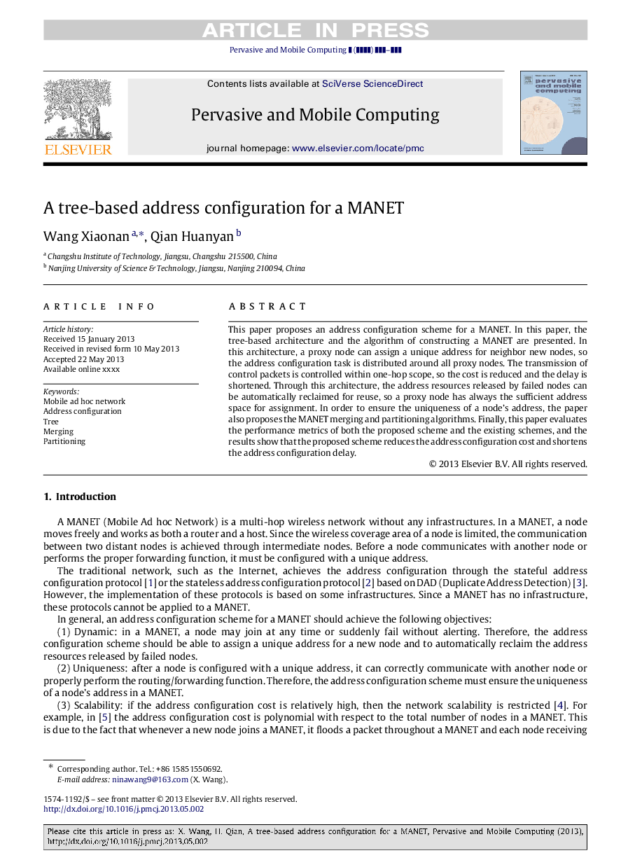 A tree-based address configuration for a MANET