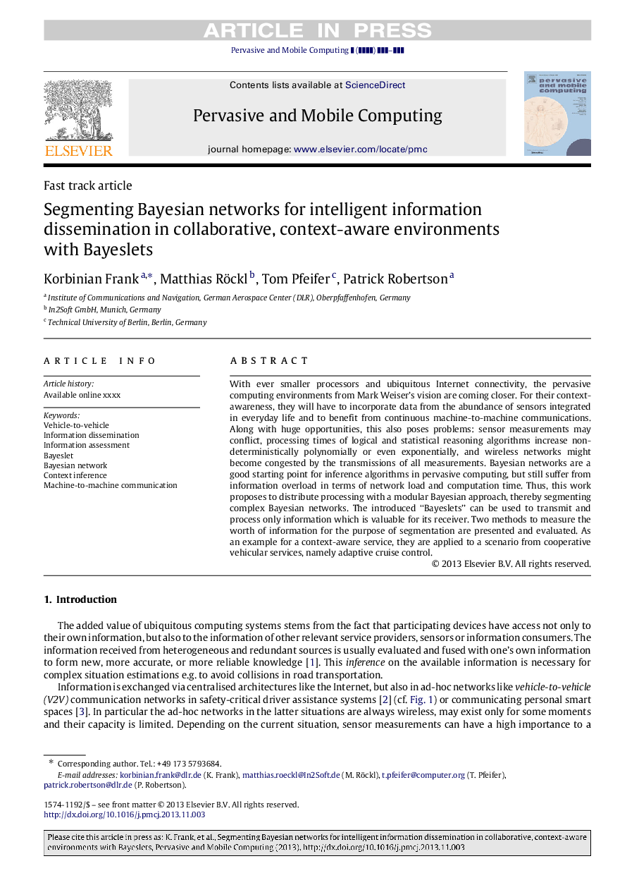 Segmenting Bayesian networks for intelligent information dissemination in collaborative, context-aware environments with Bayeslets