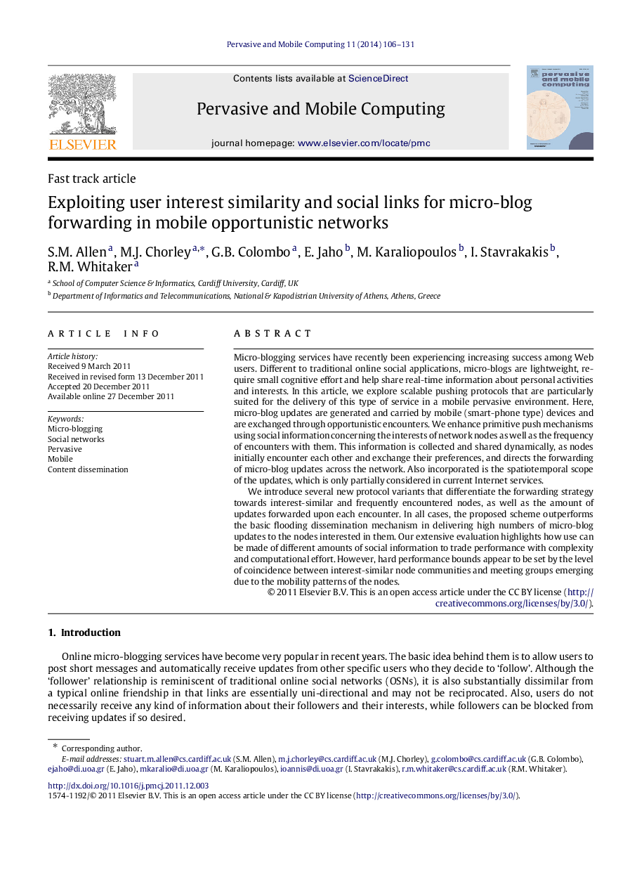 Exploiting user interest similarity and social links for micro-blog forwarding in mobile opportunistic networks