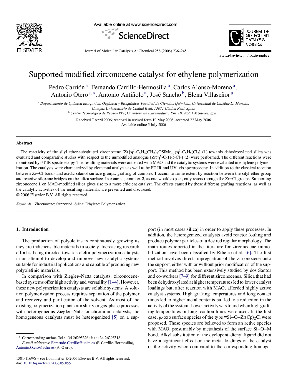 Supported modified zirconocene catalyst for ethylene polymerization