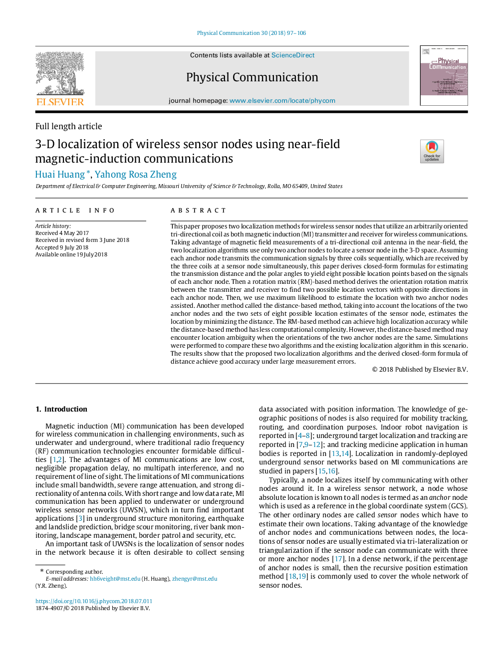 3-D localization of wireless sensor nodes using near-field magnetic-induction communications